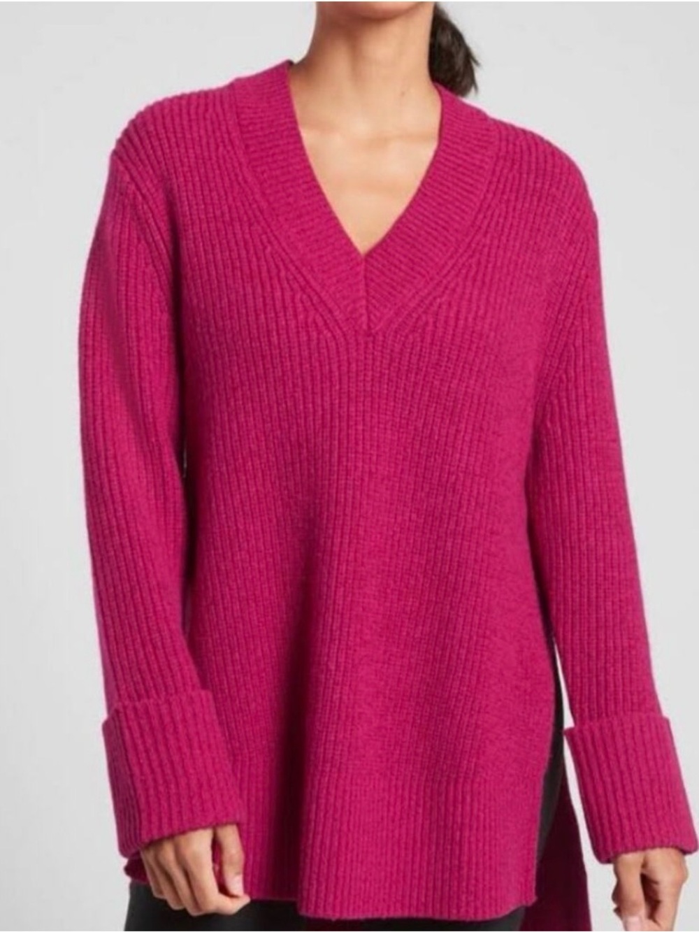 Athleta Ribbed V-Neck Longline Sweater - Fuchsia
